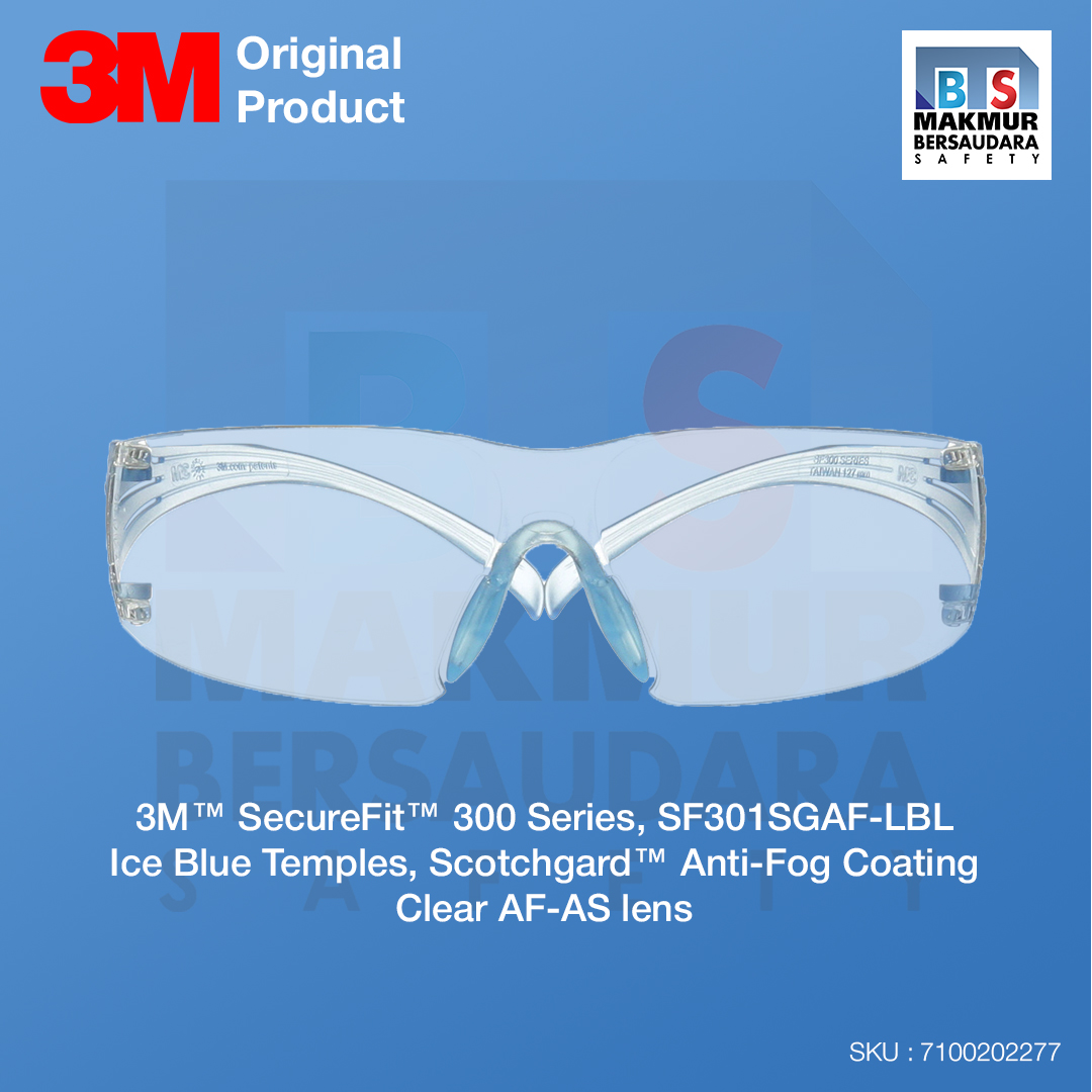 image product 3M SecureFit 300 Series, SF301SGAF-LBL, Ice Blue Temples, Scotchgard Anti-Fog Coating, Clear AF-AS lens, 20 (7100202277)ea/Case