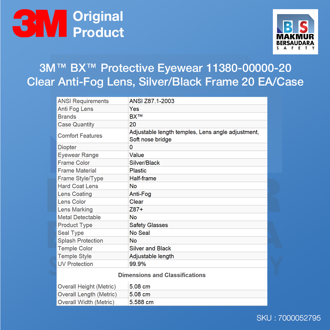 image product 3M BX Protective Eyewear 11380-00000-20, Clear Anti-Fog Lens, Silver/Black Frame, 20 ea/Case (7000052795)