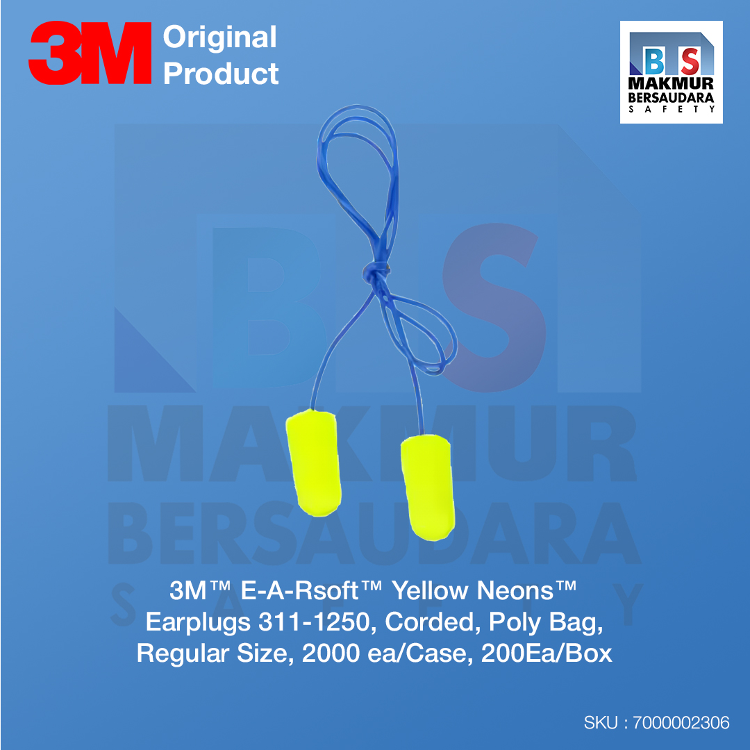 image product 3M E-A-Rsoft Yellow Neons Earplugs 311-1250, Corded, Poly Bag, Regular Size, 2000 Pair/Case (7000002306)