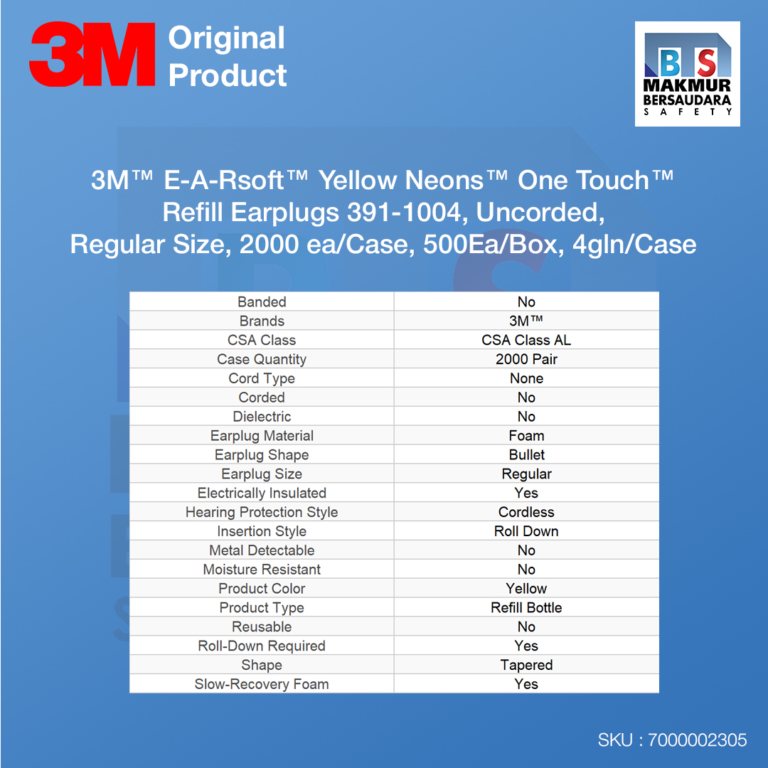 image product 3M E-A-Rsoft™ Yellow Neons One Touch Refill Earplugs 391-1004, Uncorded, Regular Size, 2000 Pair/Case (7000002305)